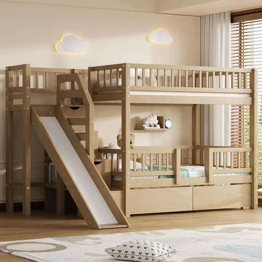 Twin Over Twin Wooden Bunk Bed - Bunk Bed With Stairs And Slide ulasan dan harga