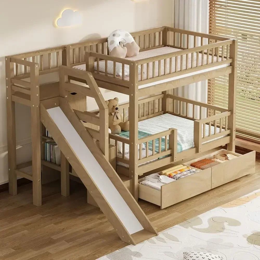 Twin Over Twin Wooden Bunk Bed - Bunk Bed With Stairs And Slide ulasan dan harga