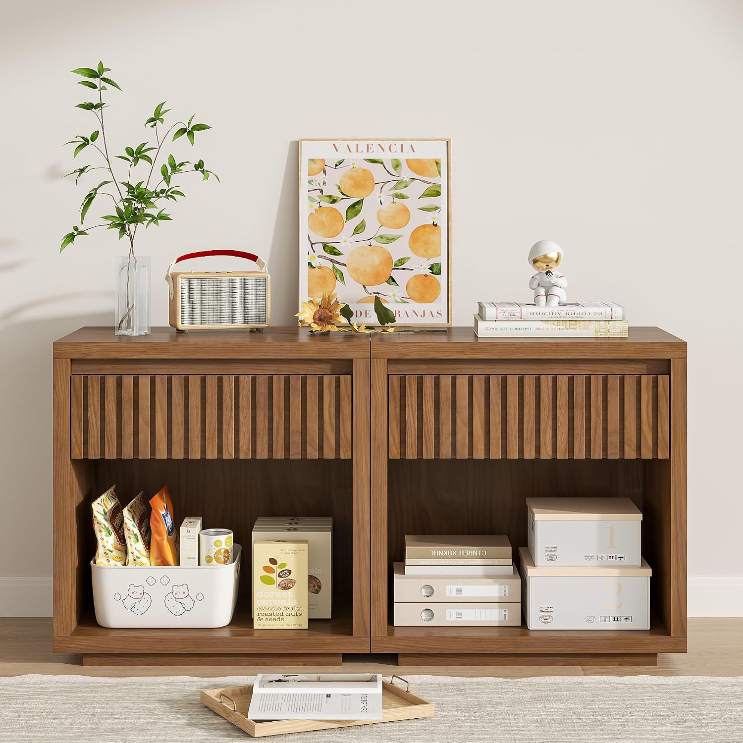 2-Drawer Fluted Nightstand Set - Solid Wood Nightstand 2 Drawers ulasan dan harga