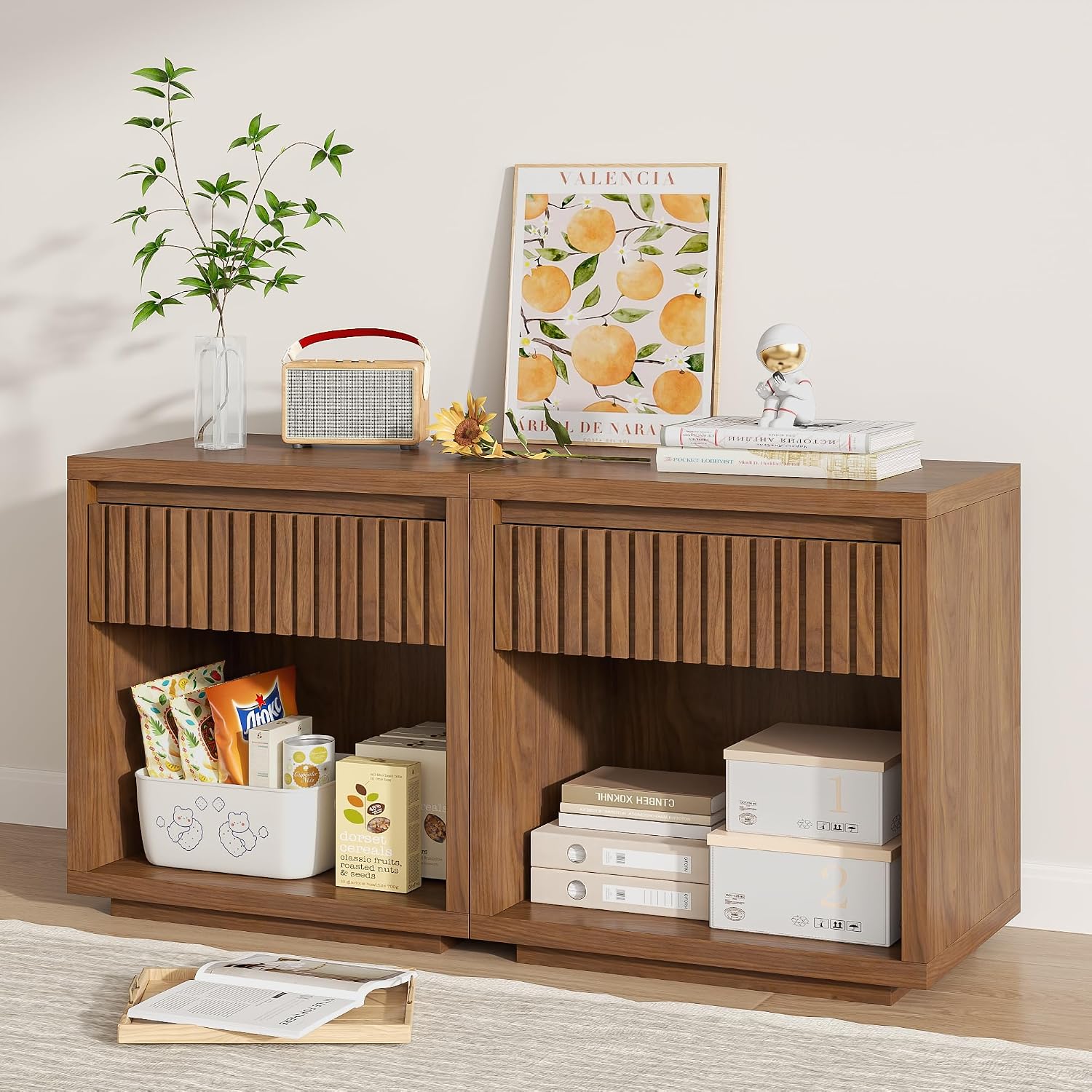 2-Drawer Fluted Nightstand Set - Solid Wood Nightstand 2 Drawers ulasan dan harga