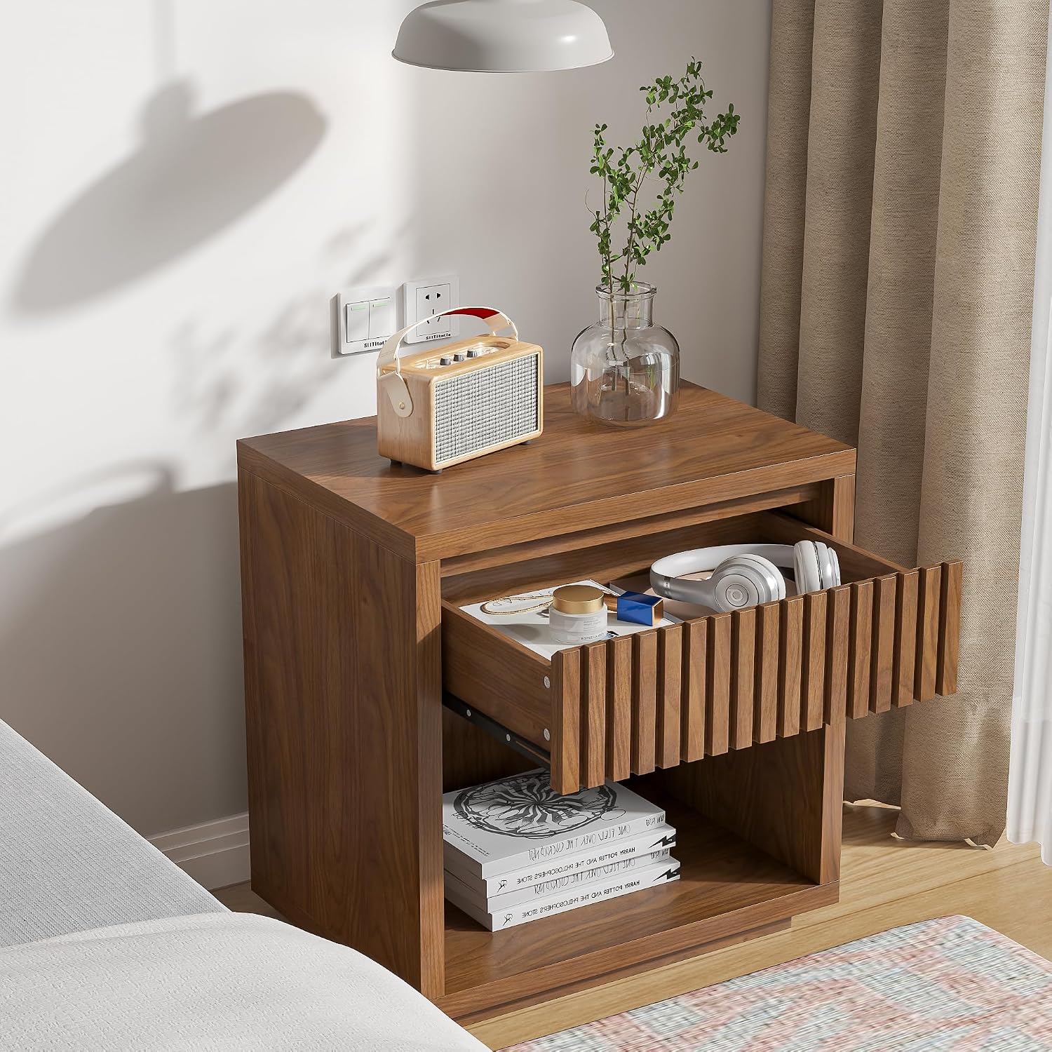 2-Drawer Fluted Nightstand Set - Solid Wood Nightstand 2 Drawers ulasan dan harga