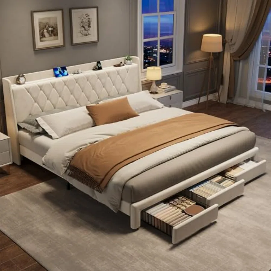King Size Velvet Upholstered P - King Size Bed Frame With Storage Drawers ulasan dan harga