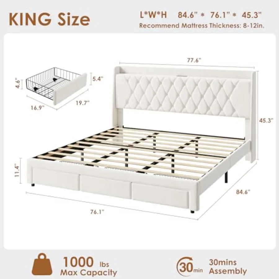 King Size Velvet Upholstered P - King Size Bed Frame With Storage Drawers ulasan dan harga