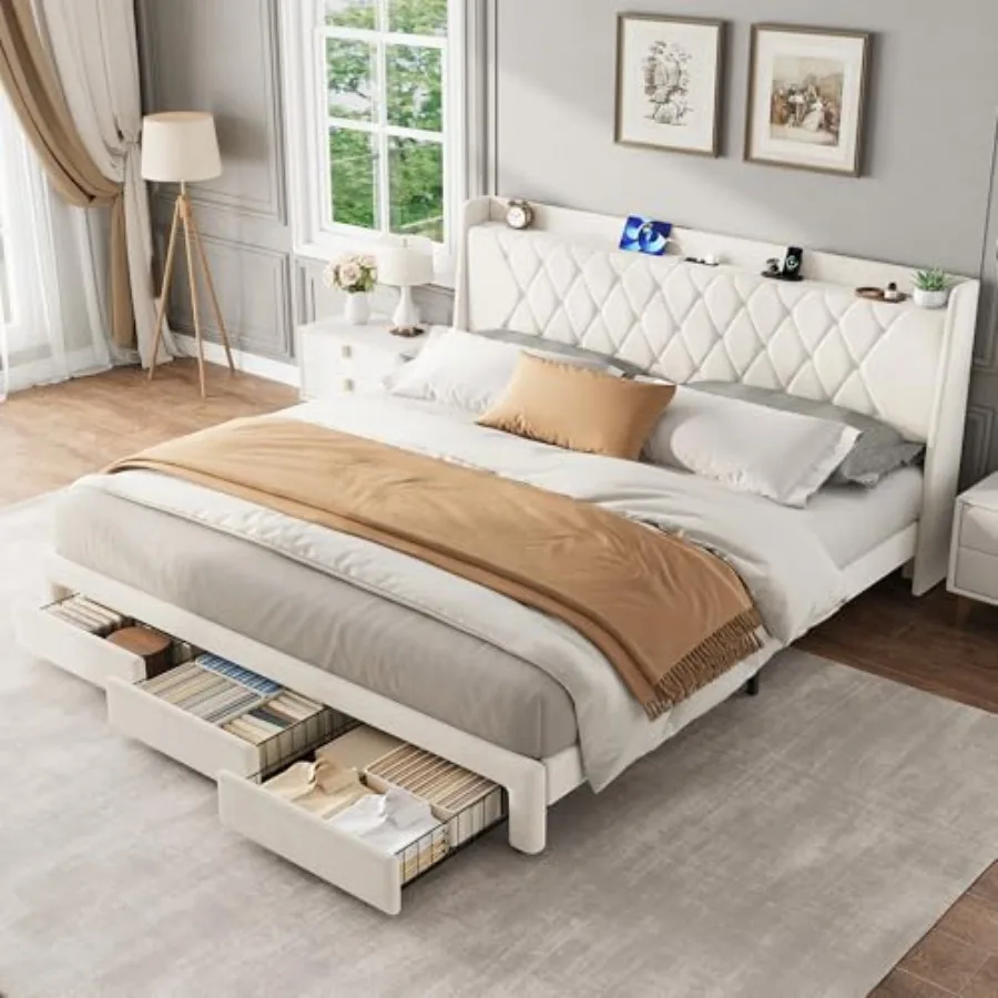 King Size Velvet Upholstered P - King Size Bed Frame With Storage Drawers ulasan dan harga